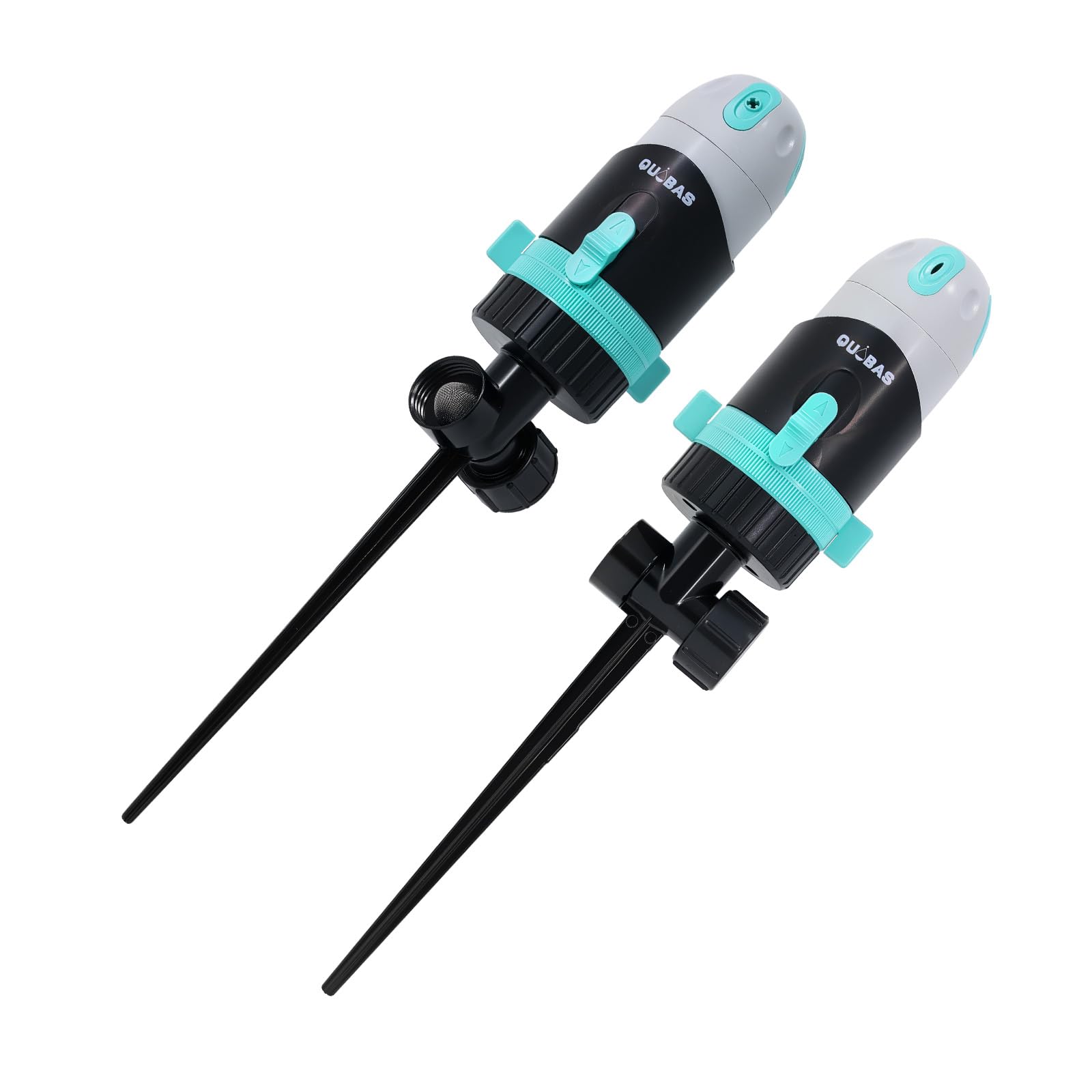 QUOBAS Paquete de 2 aspersores de césped para patio, aspersor de 4 patrones con 360° ajustable, base de metal resistente para suelo firme, riego de área grande de hasta 50 pies, aspersor de agua para
