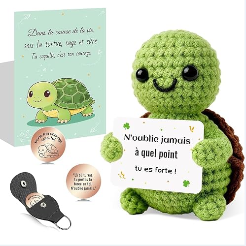 Szhhrxi Tortue Positive – Poupée en Crochet avec Message Inspirant, Porte-Clés et Carte – Cadeau Original et Motivant pour Femme, Collègue
