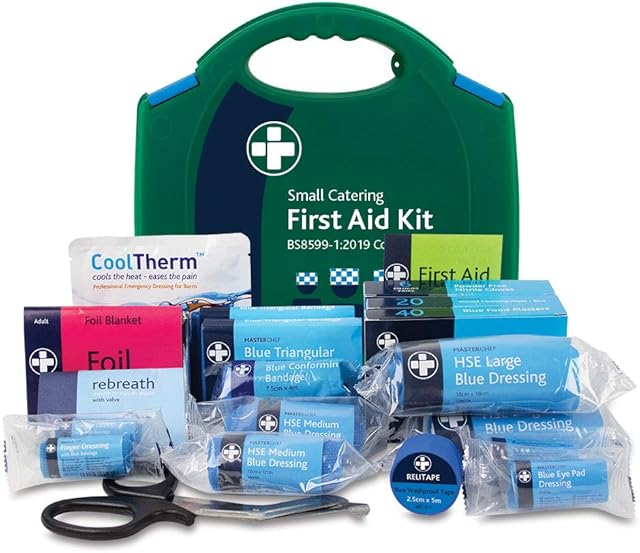 RELIANCE MEDICAL REL 427 BS8599-1:2019 HSE Small Catering Emergency First Aid Kit With Bandage, Dressing, Foil And More In Integral Aura Box With Carry Handle Ideal For Less Than 25 Employees (Blue)
