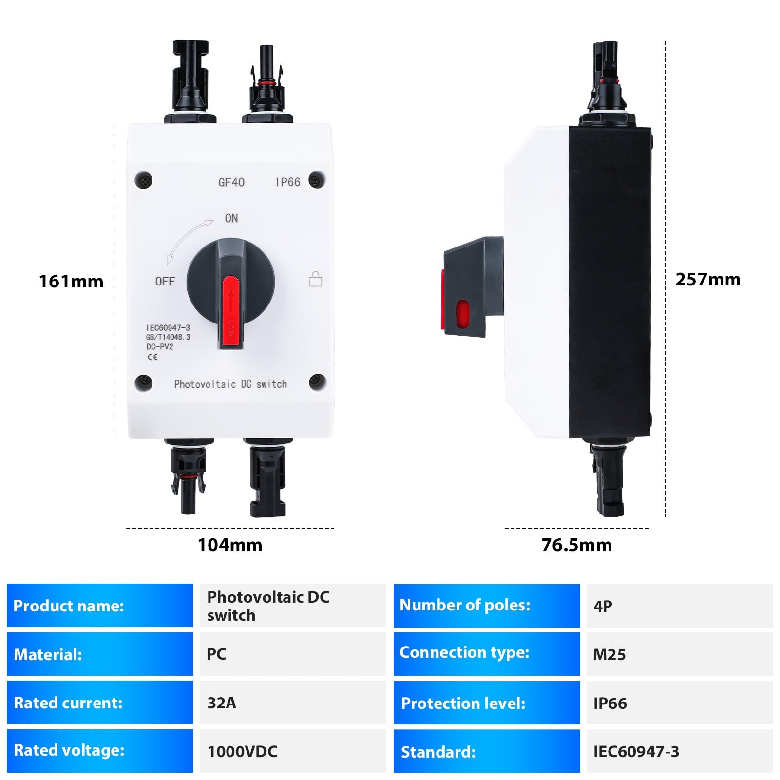 Jadeshay Sezionatore DC Fotovoltaico 32A 1000V CC Commutatore Interruttore di Trasferimento Solare Impermeabile IP66 per Scatole Combinate Solari Camper Barche e Sistemi Solari ON-Grid/OFF-Grid