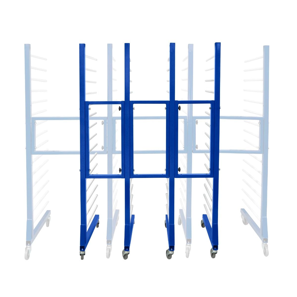 T-Mech Lot de 5 Chariots de Séchage Combinables à 15 Niveaux Acier Bleu Capacité de 375 kg Roulettes Largeur 35 cm - 65 cm Séchage de Peinture Placoplâtre Planches de Plâtre [4 x Connecteurs INCLUS]