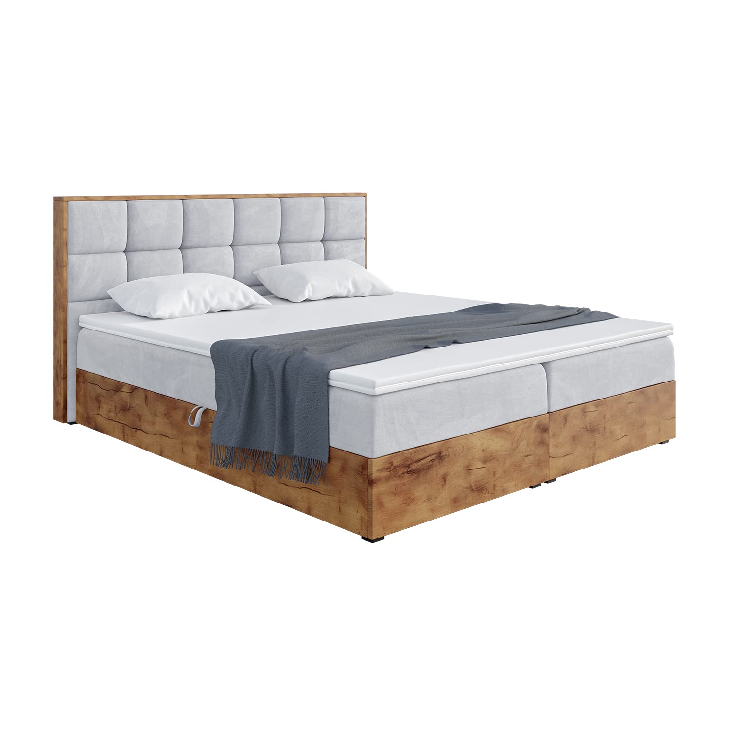 MEBLINI Boxspringbett mit Bettkasten - Gepolstert Doppelbett mit Matratze und Topper - Polsterbett mit Stauraum - Bett mit Kopfteil - Stauraumbett - Lofty 1-160x220 - H4/Hellgrau Samt