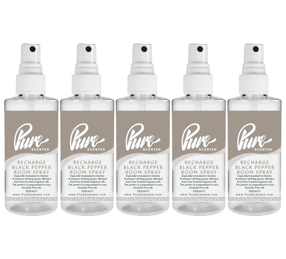 Pure Scented 500ml Room & Fabric Sprays 5 x 100ml Suitable For Home, Car, Caravan, Work, Gym Bags, Odour Eliminators (5 x 100ml, Recharge Black Pepper)