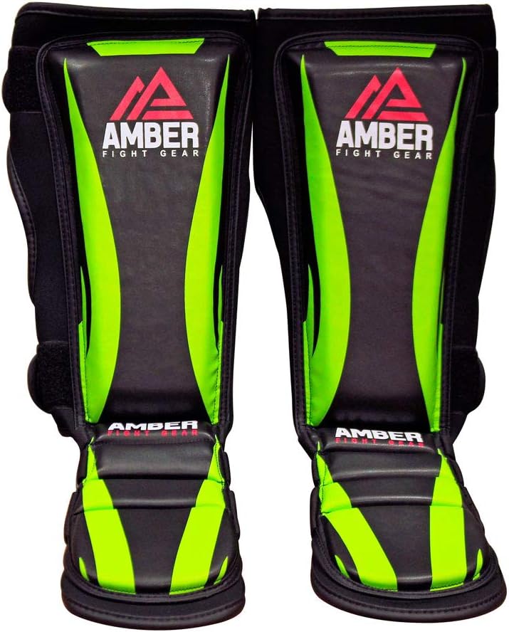 Ultimate Shield Muay Thai Shin & Instep Guards, 100% Hi-Tec Skintex Leather, High-Density Foam Padding, Three-Foot Straps, Rubber Traction Dots, Ideal for Kickboxing Training