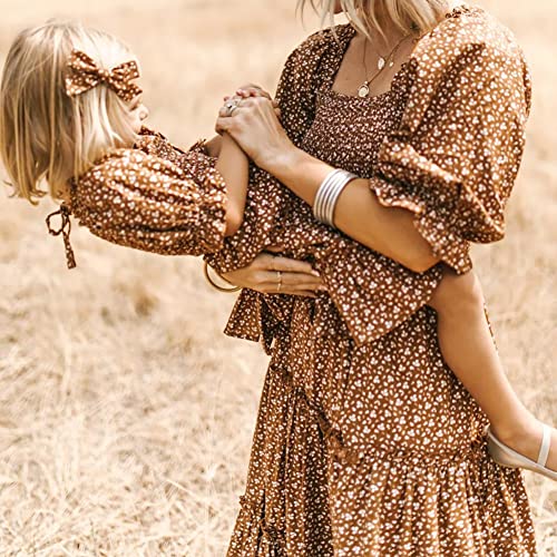 Mommy and Me Matching Dresses Floral Printed Ruffled Lantern Sleeves A-Line Long Dress Mom Daughter Matching Outfits4