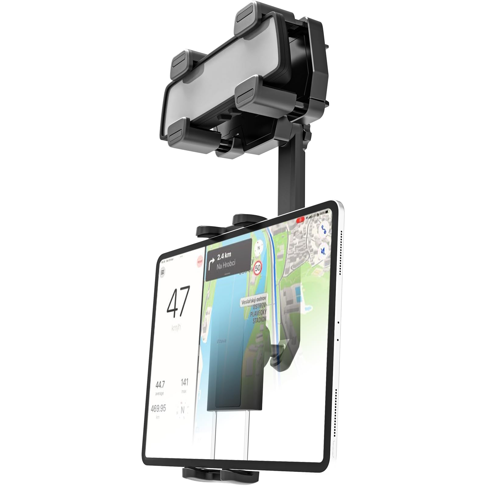 Tablet Halterung Auto Rückspiegel - [Superstabile 4 Klemmen], Handyhalterung Auto Spiegel, für 4-12,9 Zoll Handy & Tablet, iPad Pro/Air/Mini, Galaxy, Lenovo Tablet, iPhone 15/14/13 usw