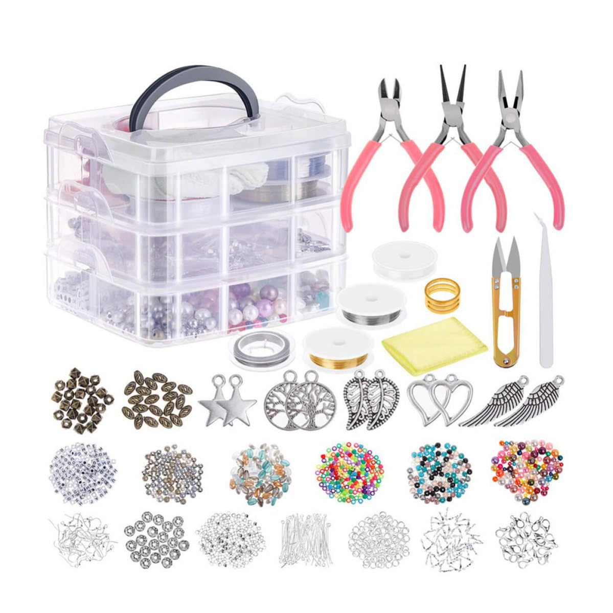 KJHBV 1186 Stück Selbstgemacht Schmuckzubehör mit Kunststoff und Metallperlen Dreilagige Aufbewahrungsbox für Schmuckherstellung und Armbänder Selber Machen Zufällige Zufällige Farbe