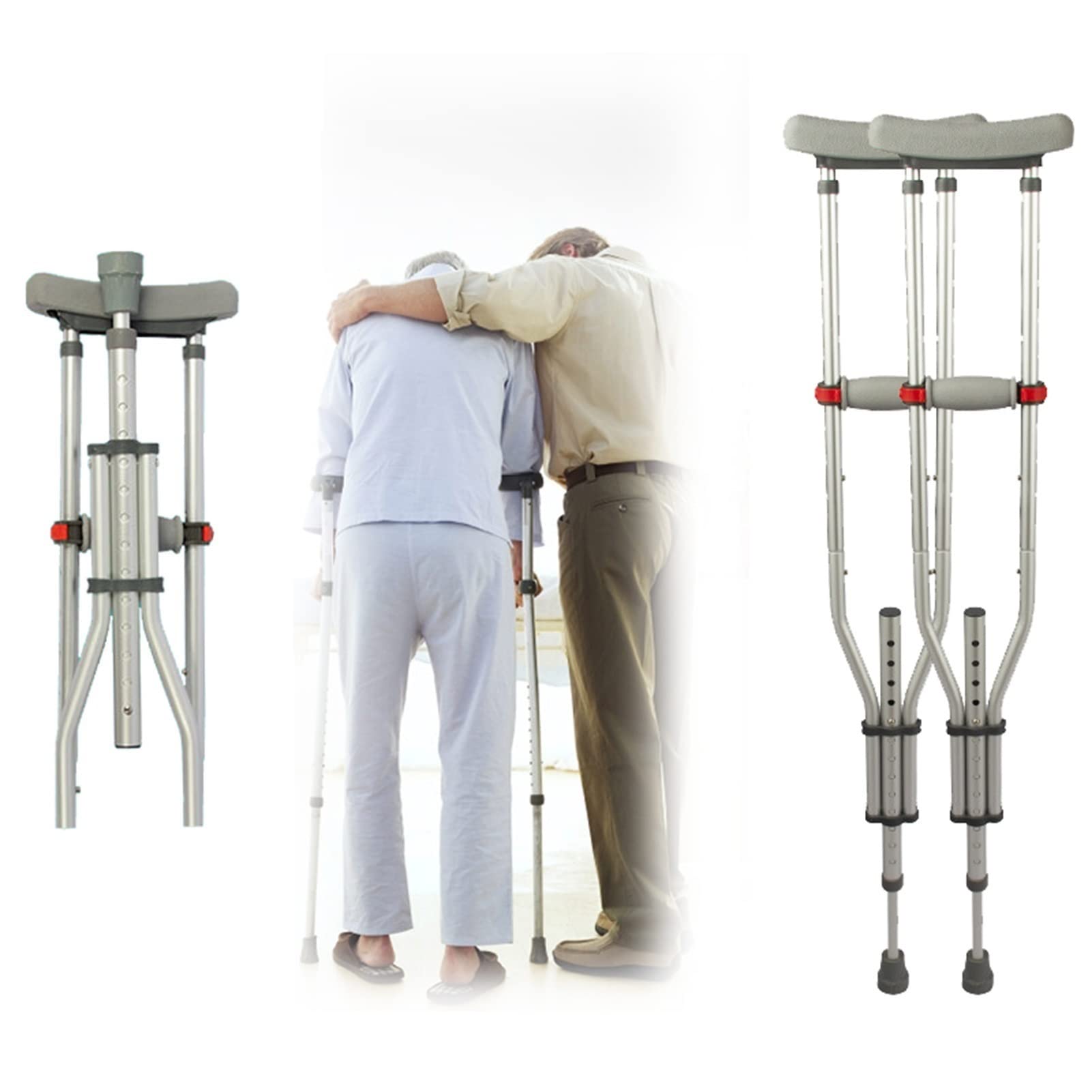 Stampelle ascellari Pieghevoli, stampelle da Passeggio Regolabili in Altezza con Comodi Cuscinetti e Maniglie ascellari, Adatte per Altezza: 140-200 cm (Colore: Argento, Dimensioni: 1 unità)