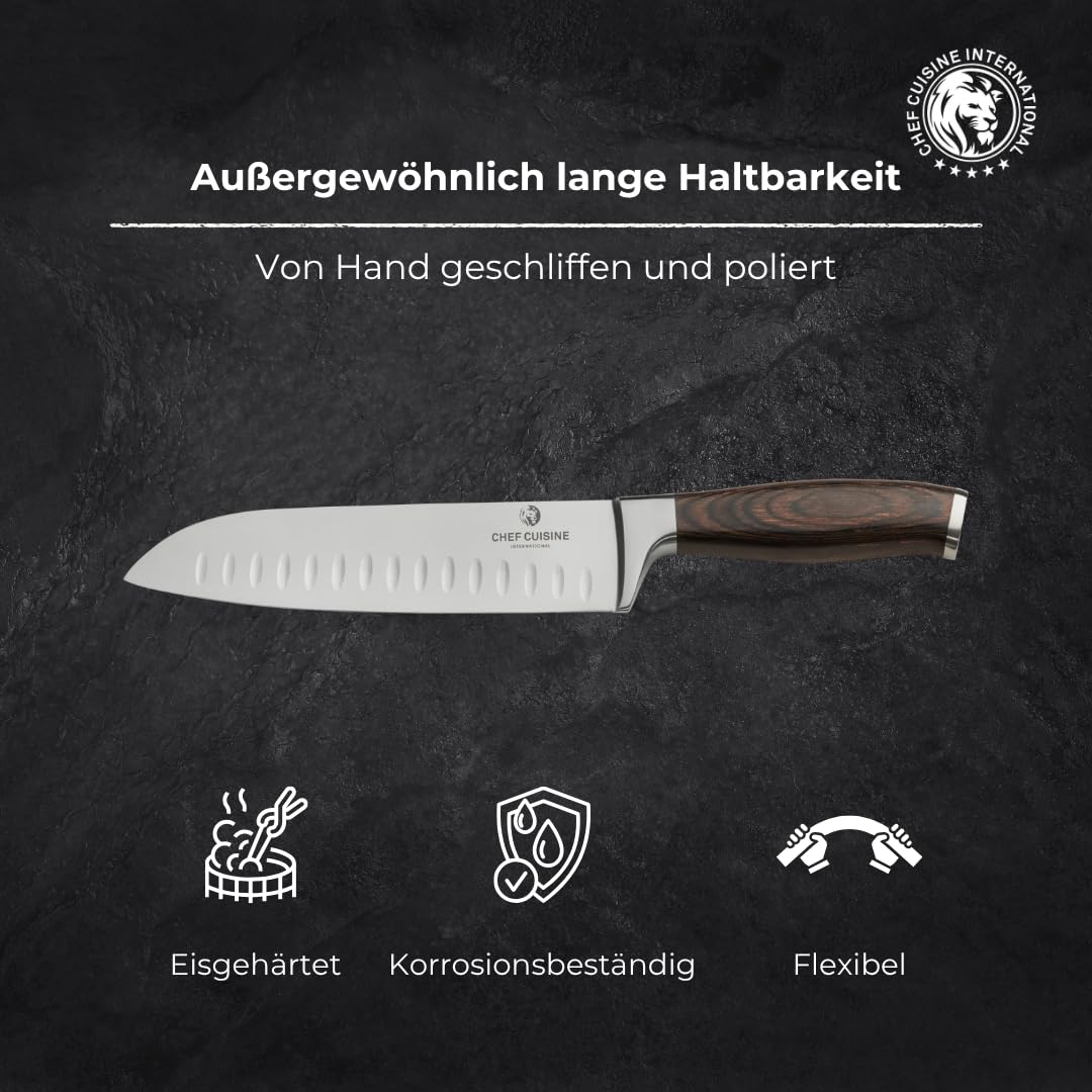 CHEF CUISINE Santoku-Messer, Klingenlänge 180 mm, Spezieller Klingenstahl, Eisgehärtet, Handgeschliffen & poliert, Fugenlose Verbindung, Ergonomischer Griff
