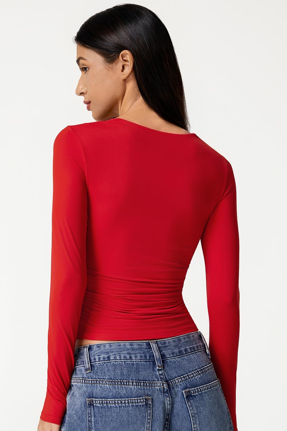 QINSEN Long Sleeve Shirts for Women V Neck Double Lined Seamed Cup Going Out Tops Side Ruched T-Shirts - Image 2