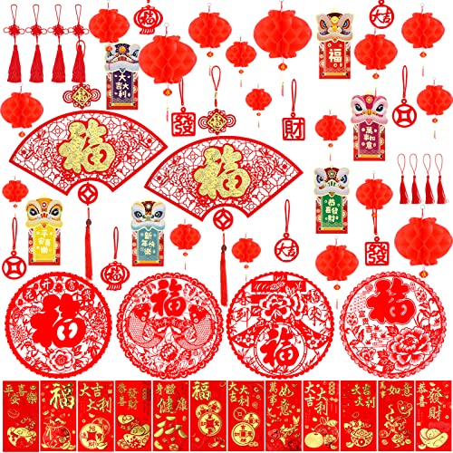 DPKOW Décoration du Nouvel an Chinois,2023 Nouvel an Lunaire Rouge Porte Bonheur Ornements Suspendus Nœuds Chinois Pampilles Rouges Lanterne Feutre pour Le Nouvel an Chinois 2023 Année du Lapin Cover