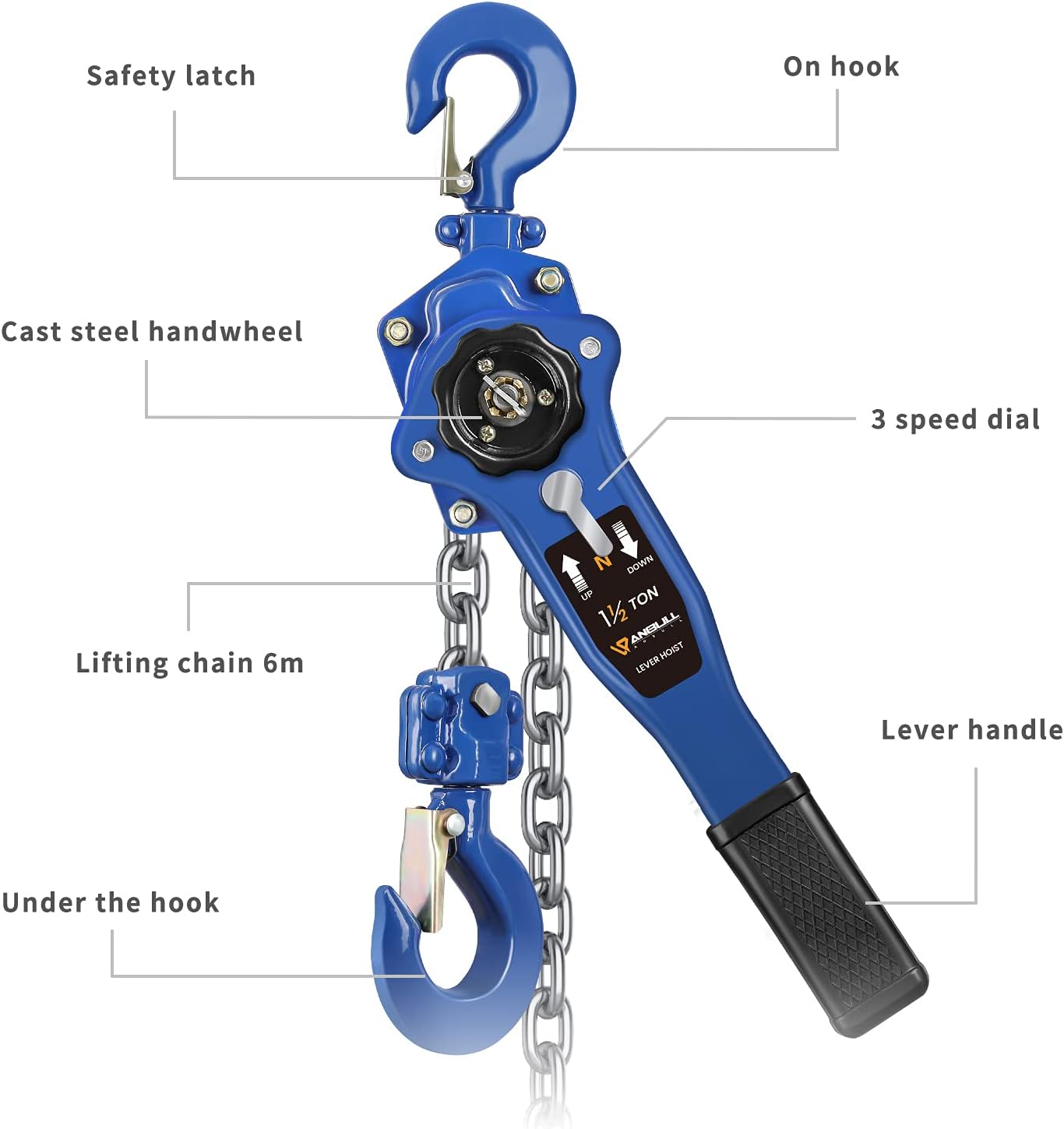 ANBULL Lever Chain Hoist 3300LBS 20FT, 1-1/2 Ton 6M Manual Ratchet Chain Puller Hoist w/G80 Galvanized Chain & Portable Hooks, lever block hand come along