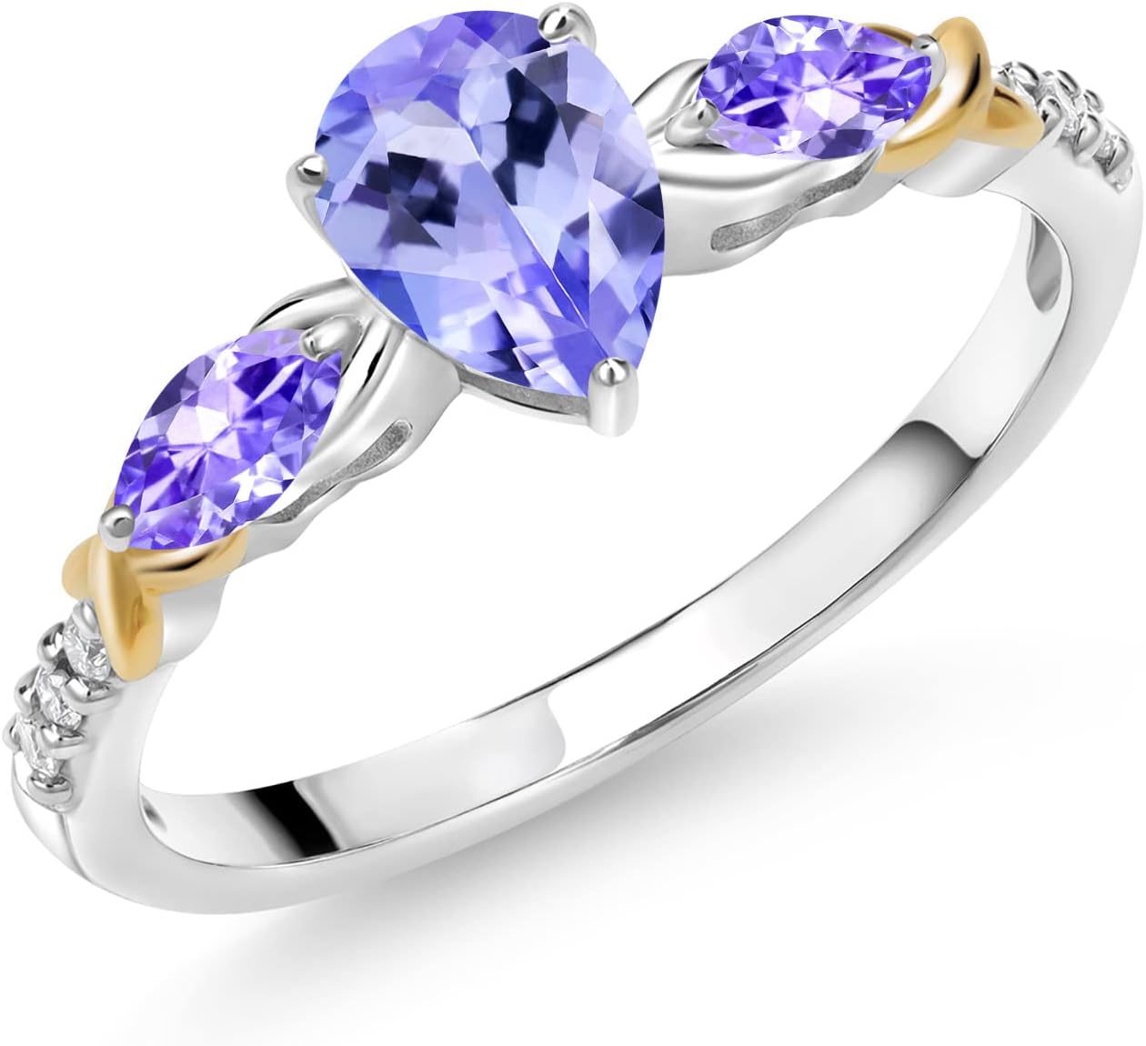 Gem Stone King 1.01 Cttw Pear Shape Blue Tanzanite and White Lab Grown Diamond Engagement Ring For Women | 925 Silver 10K Yellow Gold | Gemstone Birthstone | Available In Size 5, 6, 7, 8, 9