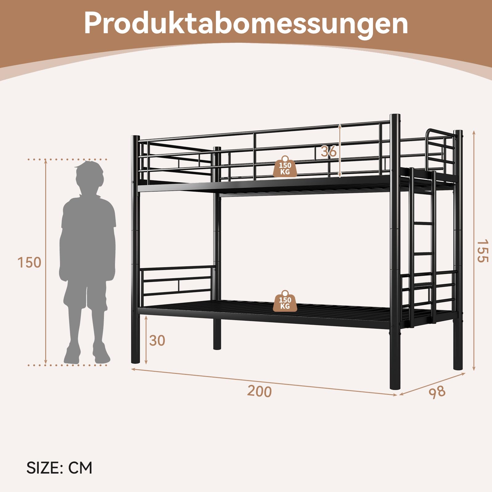 Litera de 90 x 200 cm, con escaleras y protección anticaídas, litera de metal con somier, convertible en 2 camas individuales, cama alta para niños, adolescentes y adultos (negro)