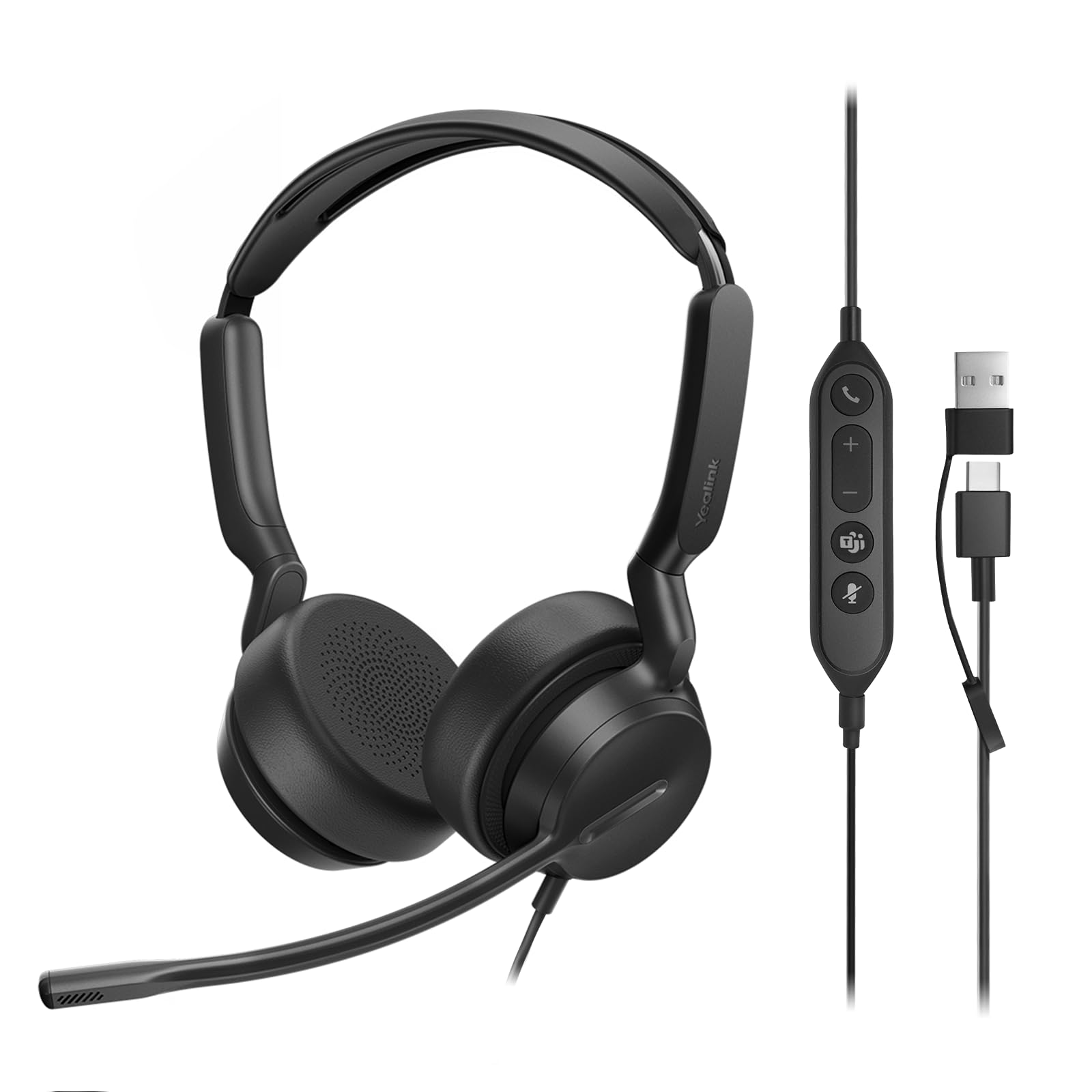 Yealink UH42 Dual Headset USB con microfono di cancellazione del rumore, cuffie stereo cablate con adattatore USB-C/A per PC, laptop, lavoro, ufficio, call center squadre certificate