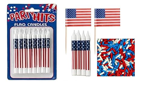 Oasis Supply, All American Bundle - 8-Pack Patriotic Birthday Candles, 6 USA! Food Flag Picks, & 4oz Red, White, & Blue Sprinkles