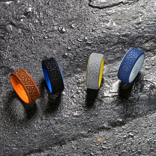 King Will Silicone Wedding Rings For Men, 4 Pack Rubber Wedding Bands with Celtic Knot Pattern, 8mm Wide 2.2mm Thick, Comfort Fit Size 133