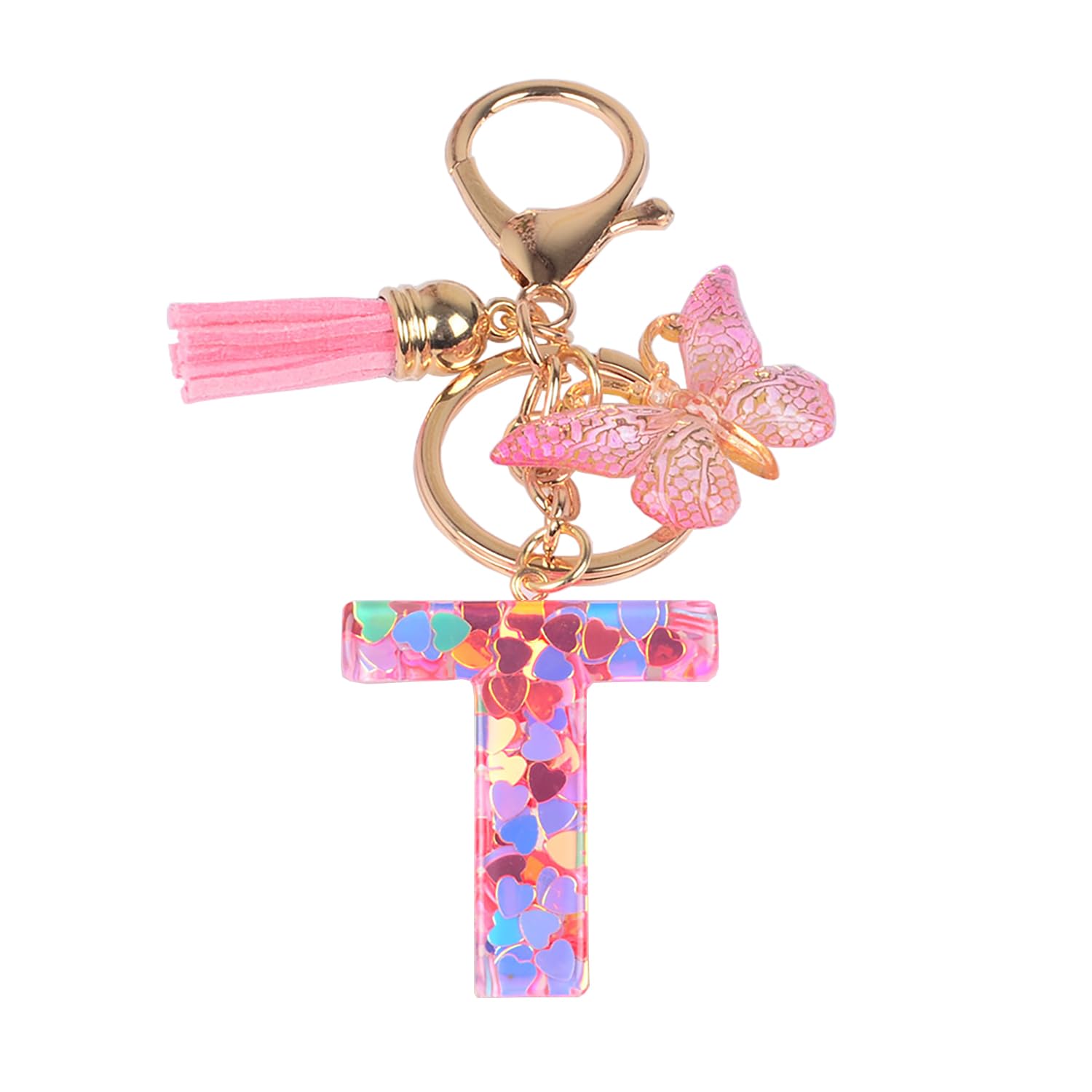 Ypymod Unisex Rosa-T Keychain, Letter Keychain, Butterfly Pendant Keychain With Initials, T, One Size