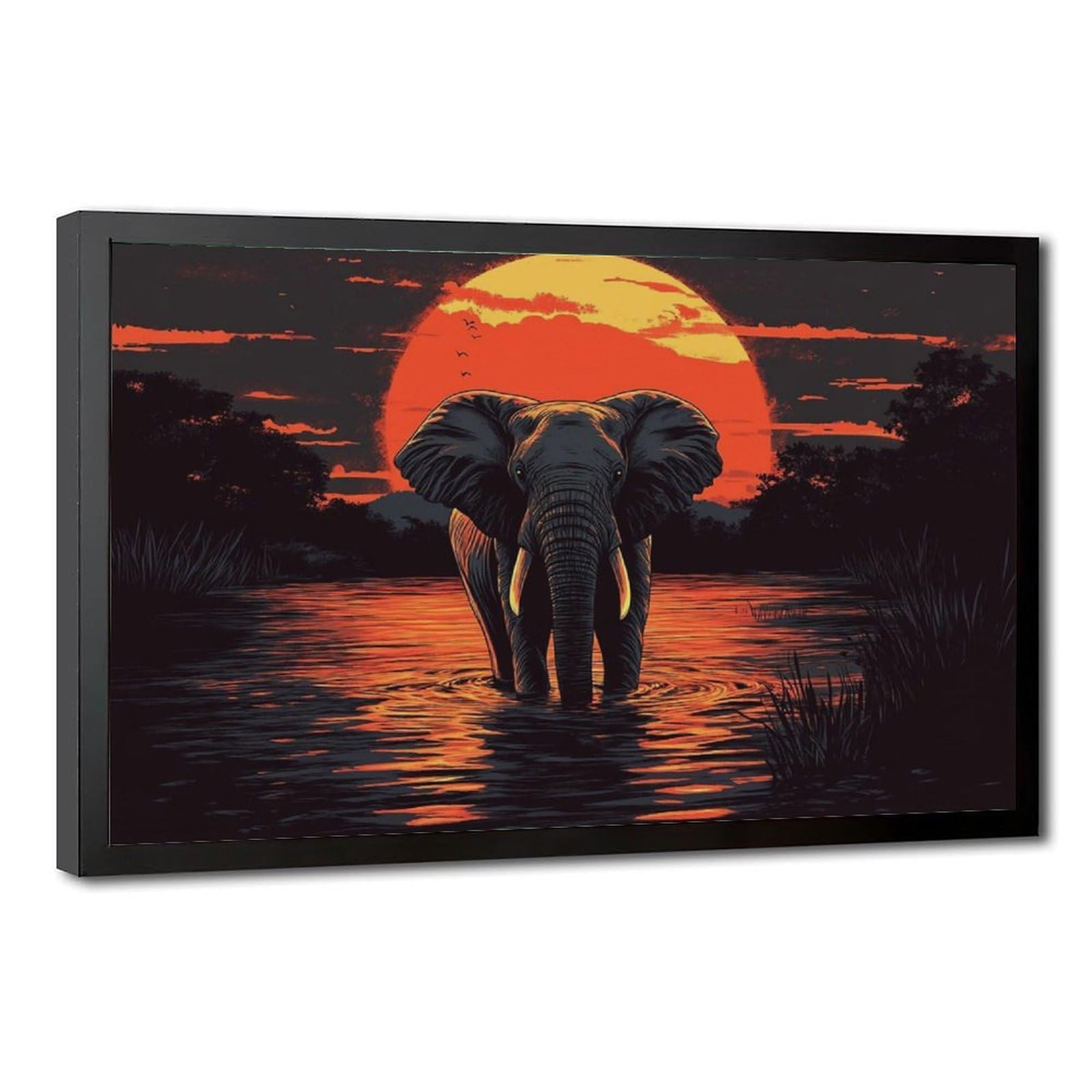 Pyberon Black Frame-Style Elephant Sunset, African Wildlife Canvas Poster For Dorm Room Decor Gift