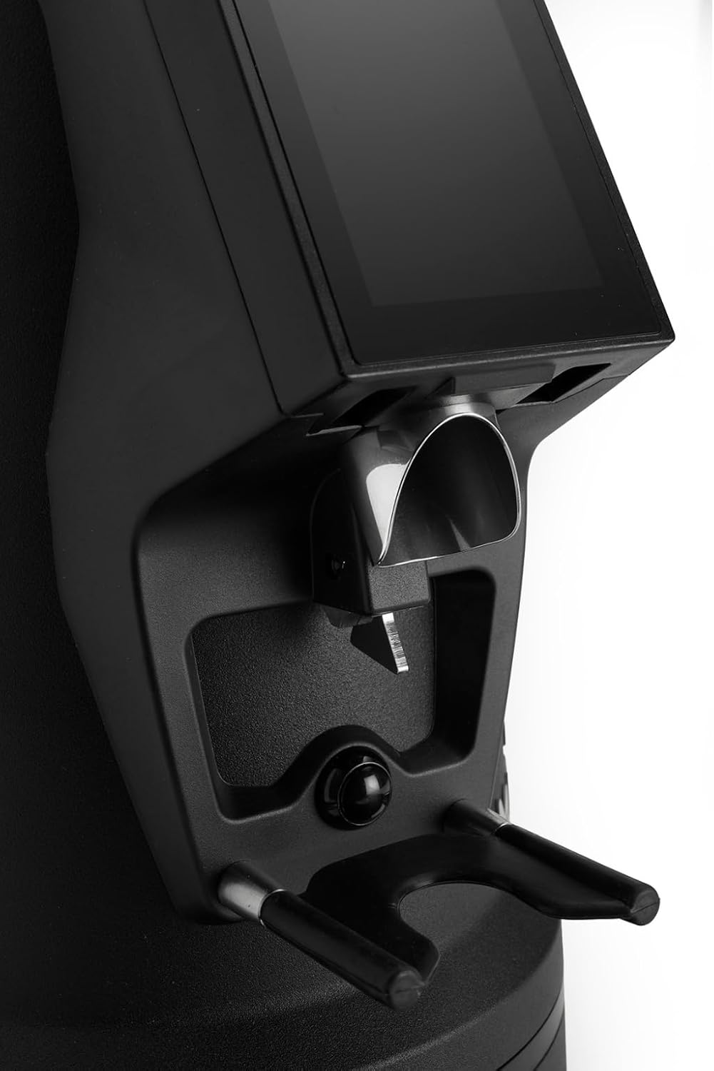 Close-up of the MACAP MI40 Luxe dosing chute and portafilter holder