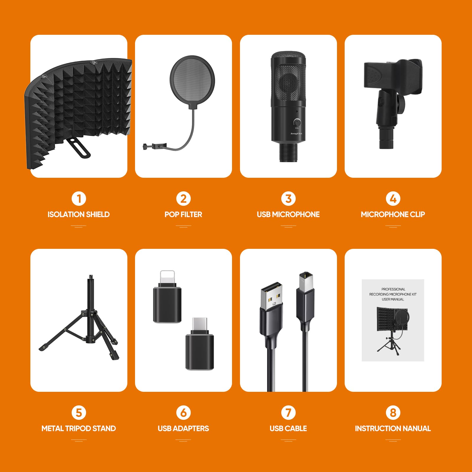 Studio Recording Microphone Isolation Shield with Pop Filter and Metal Tripod Stand, Studio Mic to PC Laptop Smartphone, Music Microphone for Recording Singing Podcasting