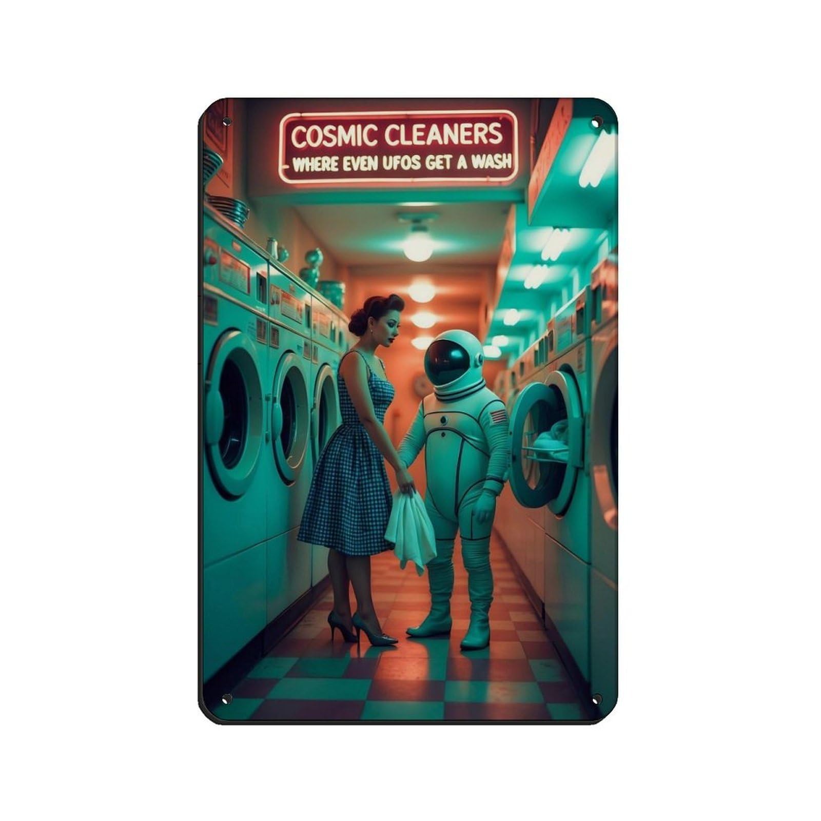 Retro Sci-Fi, Futuristic Laundromat Scene Tin Sign Vintage Metal Pub Club Cafe Bar Home Wall Art Decoration Poster Retro 8x12inch(20x30cm)