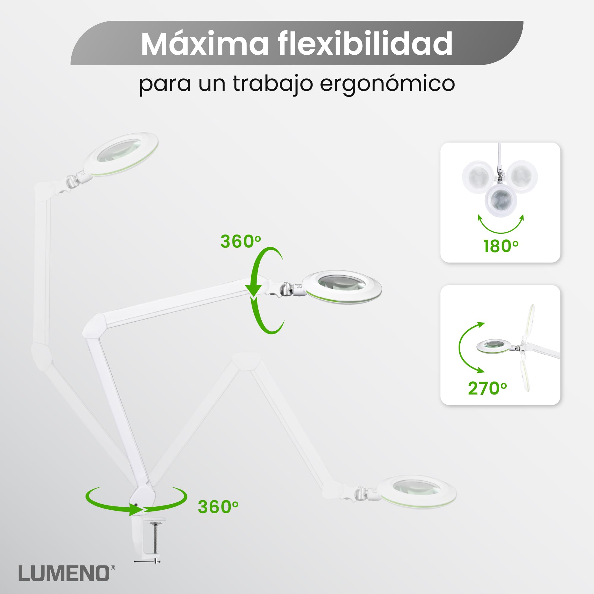 Lámpara de Aumento Lumeno Lambda M, Regulable con Lente de Cristal Transparente de 127 mm, Ideal para Salones de Belleza, consultas médicas, Aficionados, ayudas a la Lectura y más. Verde 3 dioptrías
