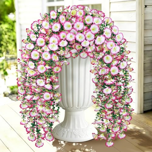 Julako Artificial Hanging Flowers for Outdoors, 2 PCS 300 Blooms UV Resistant Morning Glory Faux Silk Vines, No-Odor Realistic Fake Plants for Garden Planter Porch Patio Decoration, Pink