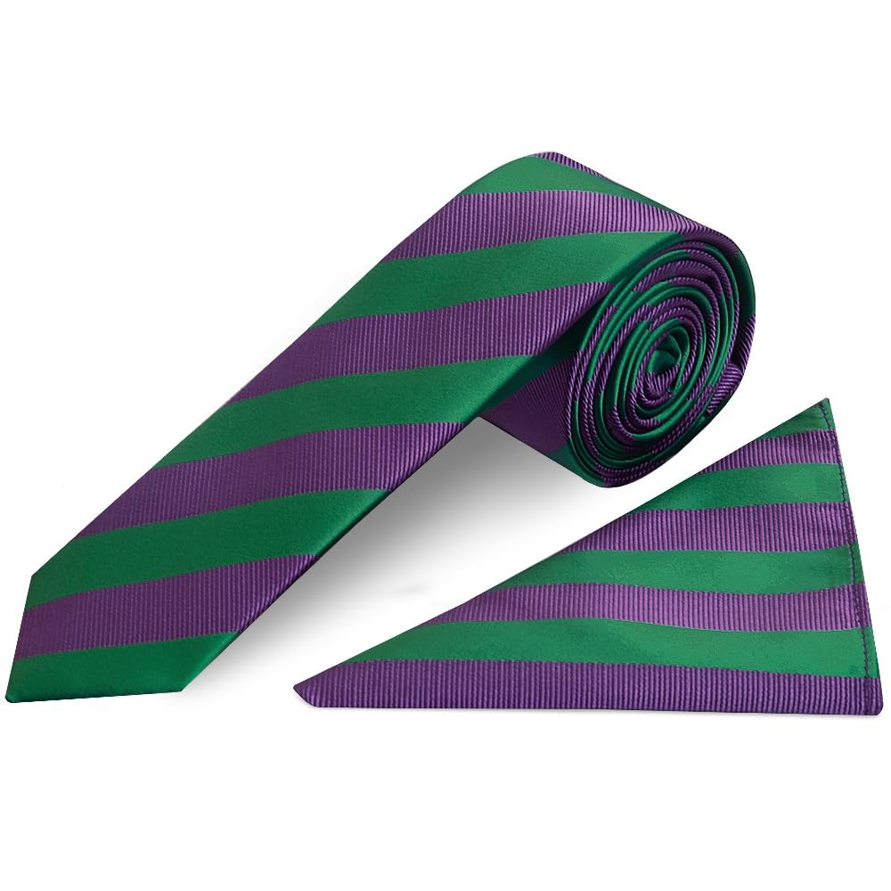 Ties R Us Men's Multi Colour Green And Purple Striped Skinny Tie And Pocket Square Set