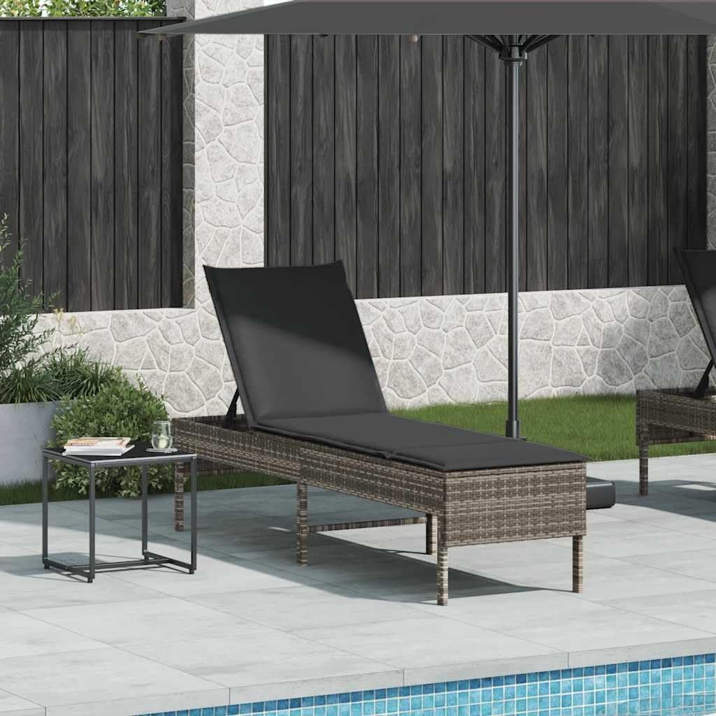Leżak z poduszką Szary 55x200x44cm Polirattan Regulowany Oparcie Ogrodowy Plażowy Wygodny Leżak Siedząco Leżący z Poduszką Szary na Taras Balkon Ogród Odporny na UV