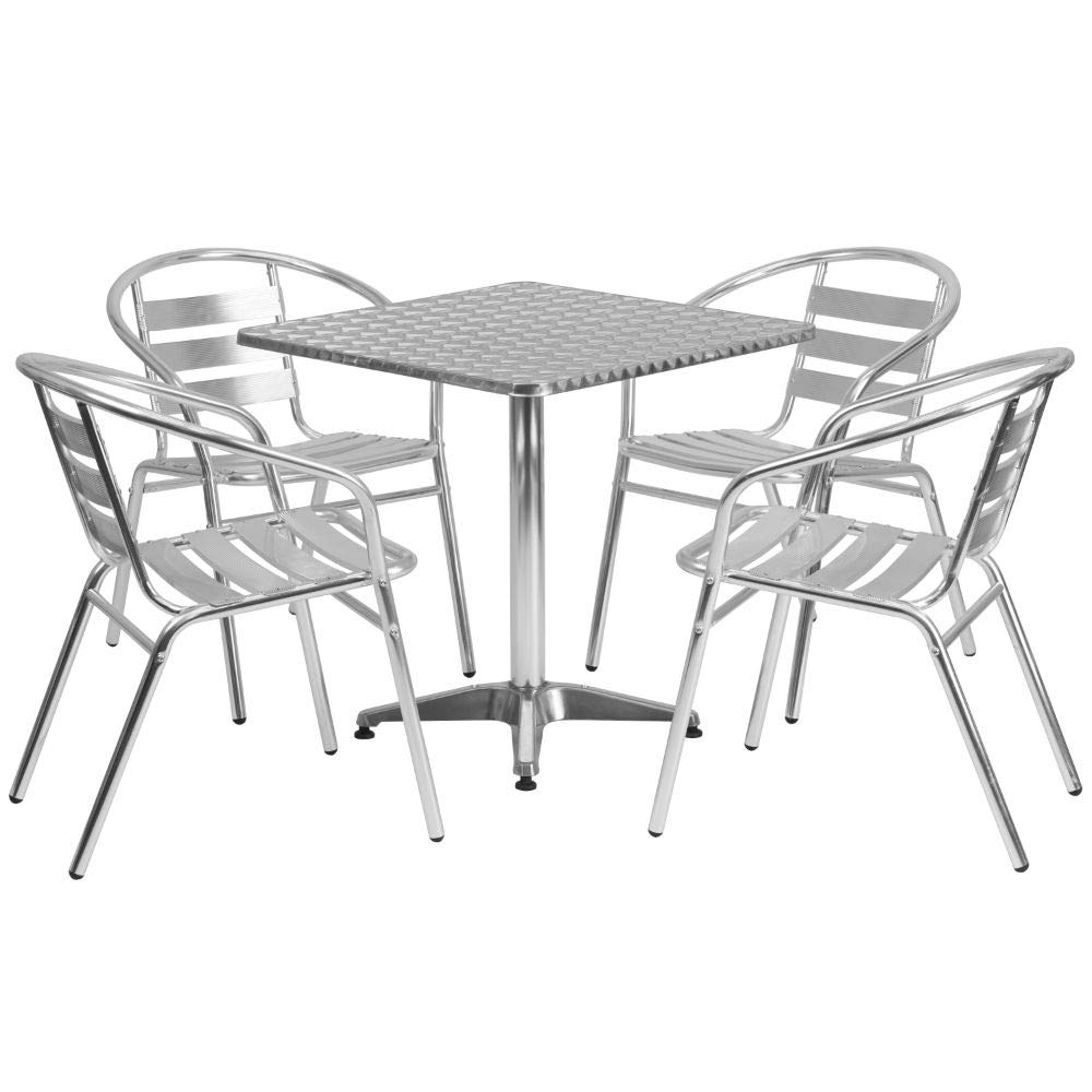 Flash FurnitureAluminum 5-Piece Patio Dining Set with Square Table and 4 Slat Back Chairs, Indoor/Outdoor Bistro Table and Chairs Set, Silver