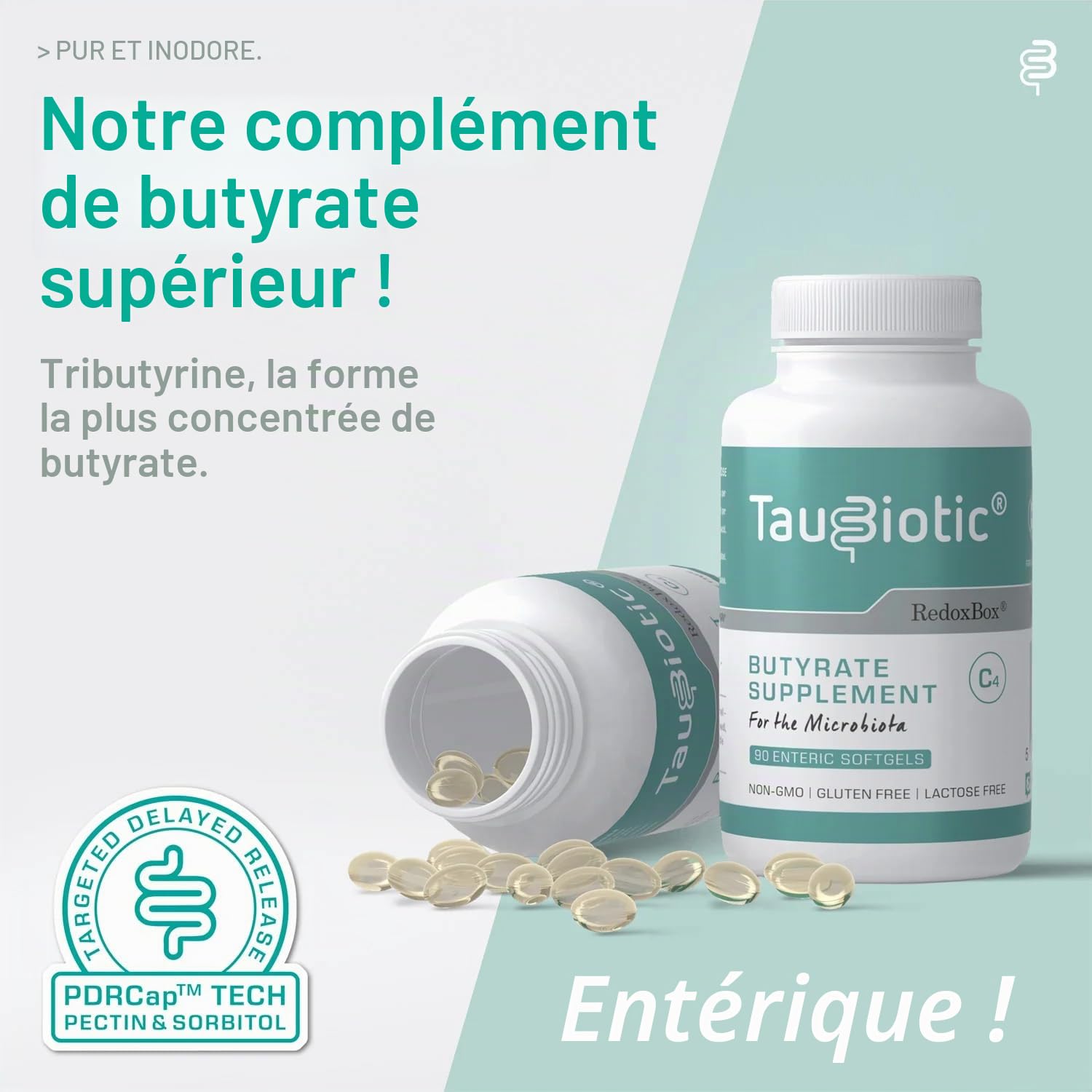 TauBiotic® de RedoxBox® - Butyrate (Tributyrine 500 mg) pour Microbiote Complément Alimentaire - 90 Capsules Entériques