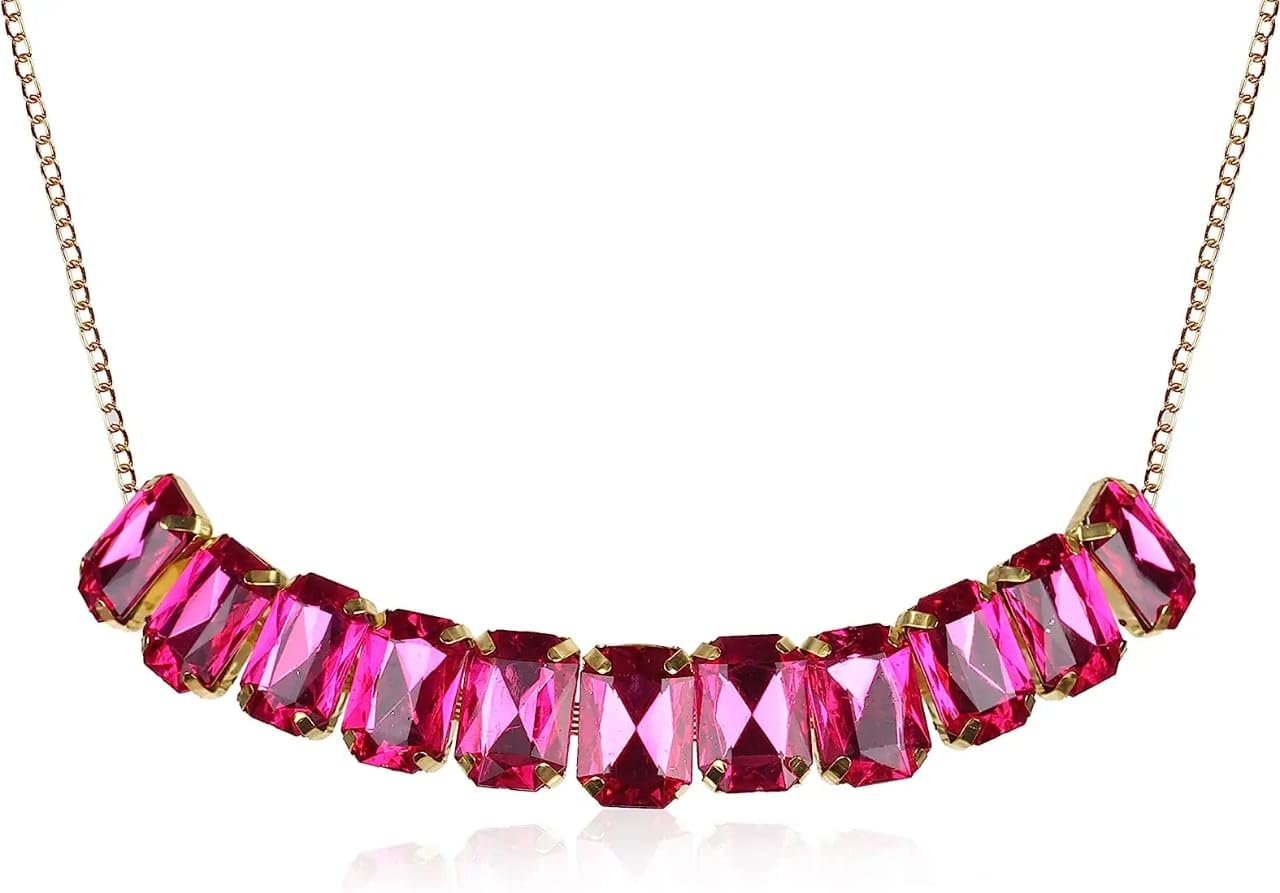 Handicraft Kottage Stone Choker Necklace With 1 Bracelet, 1 Ring and 2 Earring Imitation Jewellery Set for Women & Girls for Every Occasion (Dark pink)