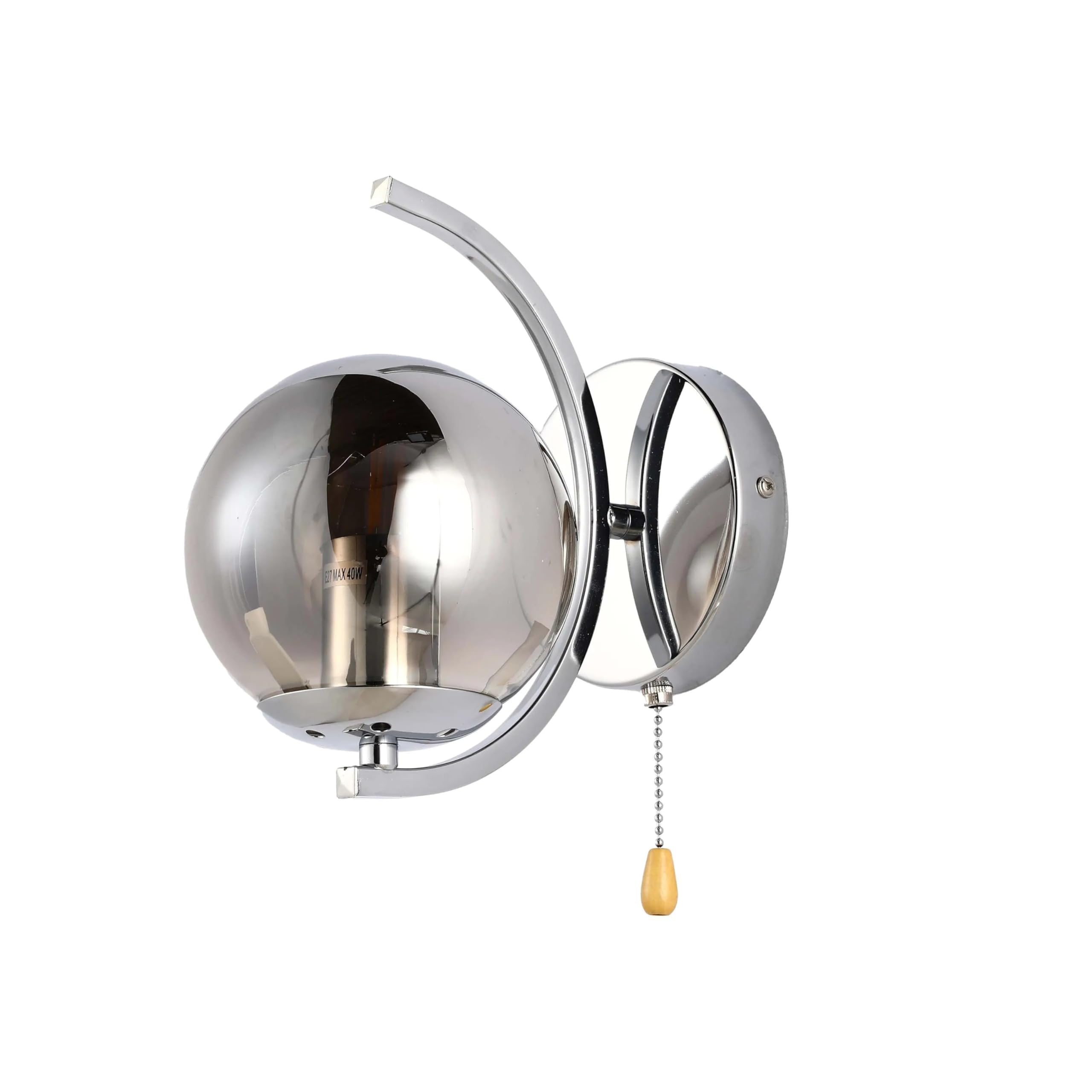TEKLED Modern Globe Wall Sconce with Pull Cord Switch, Smoky Glass & Chrome Crescent Wall Light, E27 Edison Bedside Lamp, Elegant Indoor Lighting for Bedroom, Living Room & Hallway, Max 40W