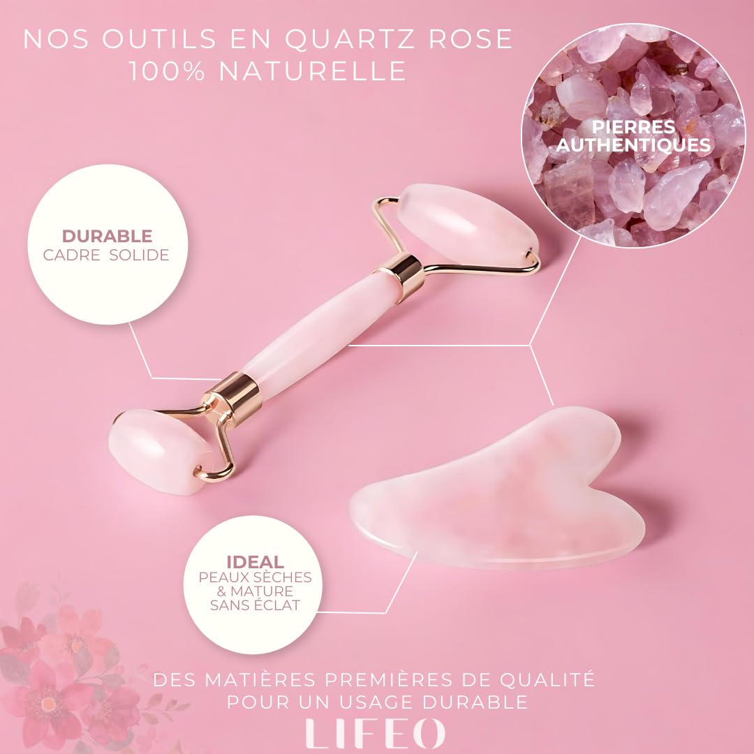 Kit Peau parfaite Gua Sha & Roller Double face LIFEO – Résultat visible en 7 jours ! Quartz Rose Véritable + Moule Glaçon Visage – Massage Anti-Âge, Drainage Lymphatique & Éclat Naturel –