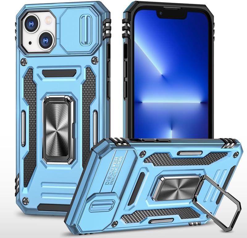 Heavy Duty Armor Shockproof Case for iPhone 13 Slide Camera Cover with Ring Holder Mobile Phone Case Cover for iPhone 13 - Blue