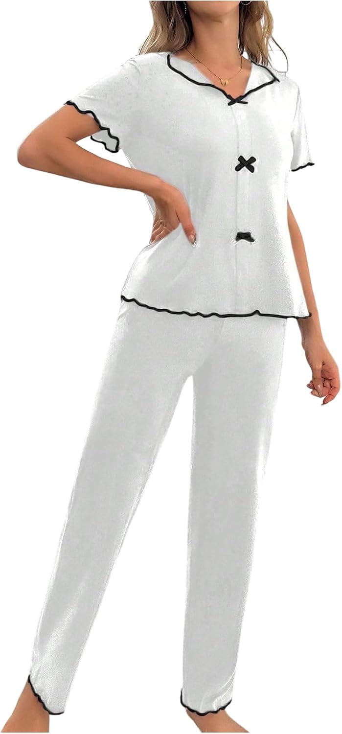 SOLY HUX Women's Pajama Set 2 Piece Sleepwear Bowknot Short Sleeve Top and Pants Pjs Loungewear