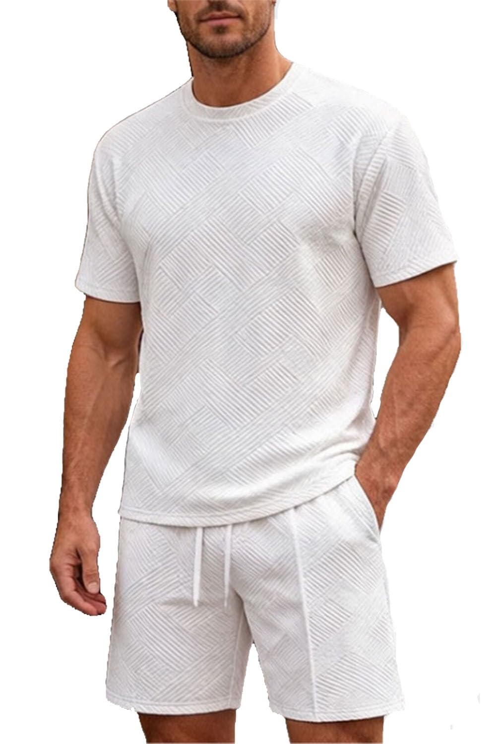 Ropa Verano Hombre 2 Piezas Conjunto de Verano Hombre Jacquard Conjunto de Chándal de Manga Corta para Uso Diario y Vacaciones