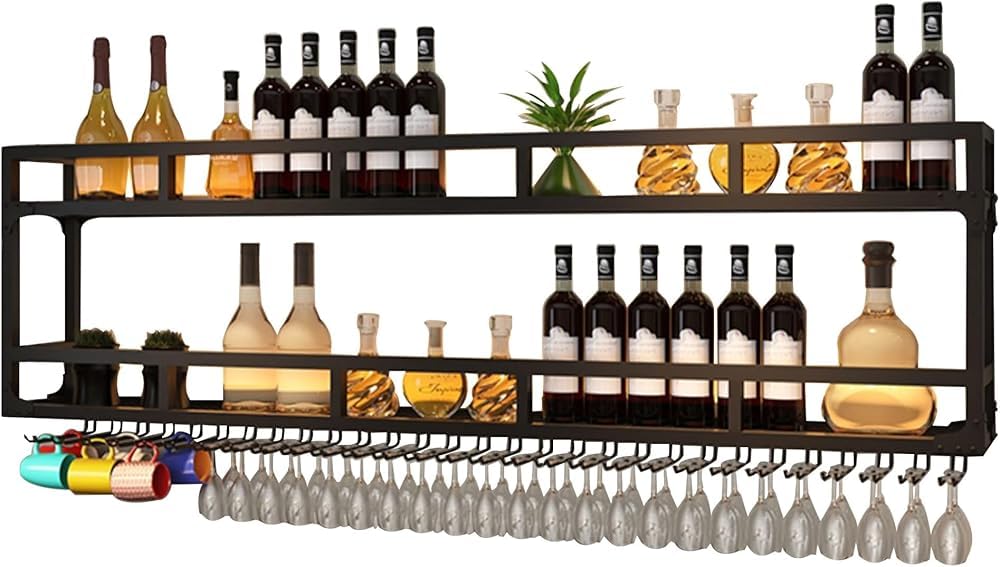 Rangement de bar éclairé par LED avec étagère à vin suspendue noire