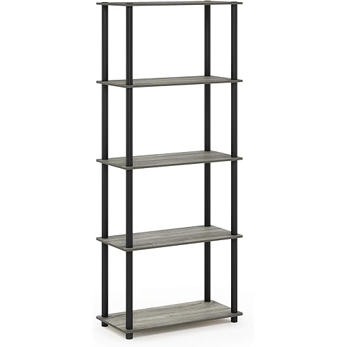 Furinno Turn-N-Tube 5-Tier Multipurpose Shelf / Display Rack / Storage Shelf / Bookshelf, Round Tubes, French Oak Grey/Black