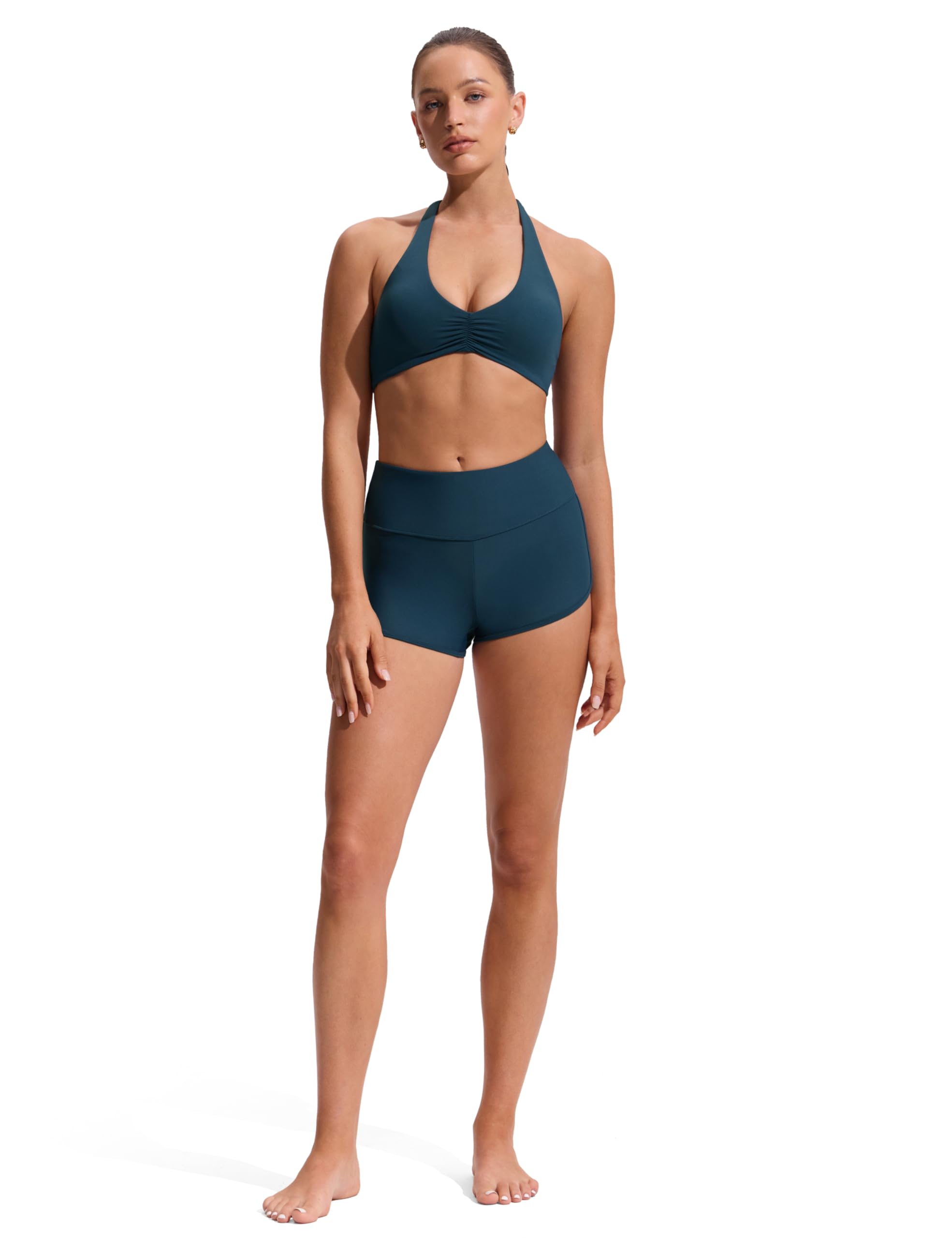 CRZ YOGA Froncé Devant Halter Hauts de Bikini | Rembourrage Amovible, Bonnet A-C, Col Rond, Dos Nu, Natation, Maillot de Bain pour Femme
