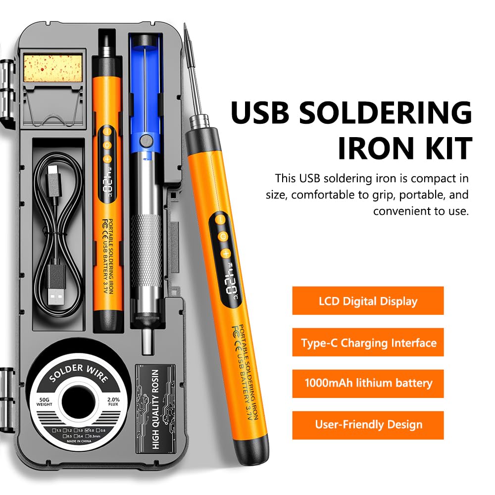Fer à souder électrique portable USB, stylo de soudage intelligent multifonctionnel avec fonction de réglage de la température de 260 à 420 ℃ pour la réparation et l'entretien du (Orange)