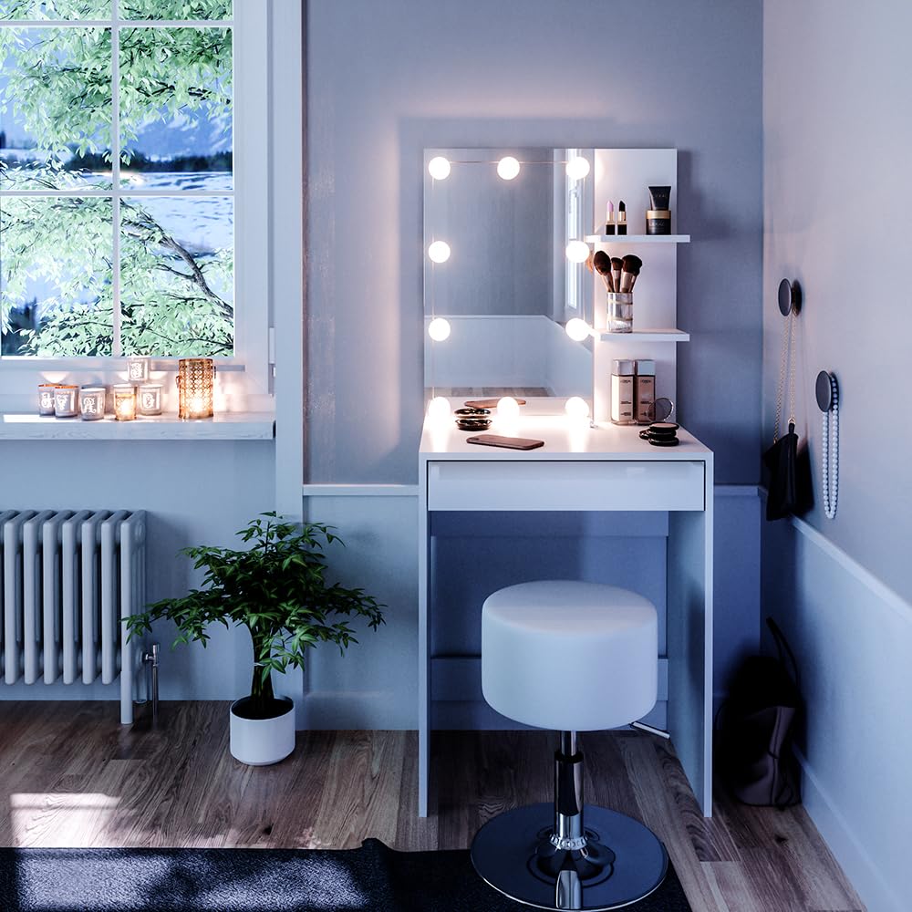 Vicco Schminktisch Isabelle, Weiß, 60 cm | mit LED Beleuchtung und Hocker, Platzsparend und funktional zugleich