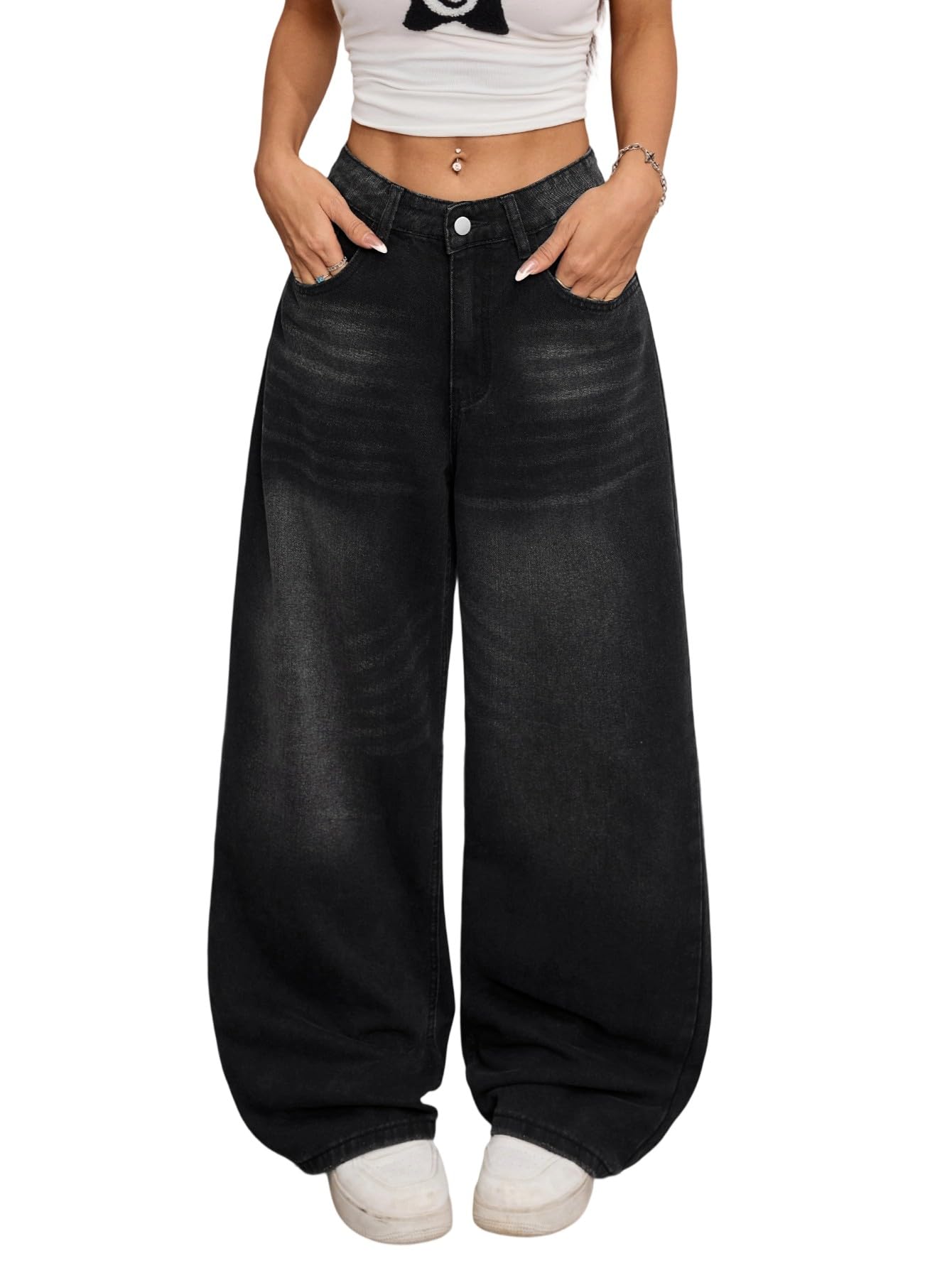 Photo 1 of OYICAI Womens Baggy Jeans Wide Leg Denim Pants Y2k 90s Vintage Hip Hop Loose Long Trousers Streetwear High Waist Retro Casual 2000s Oversized Extreme Motion Jinco Skater,H28 Black,X-Small