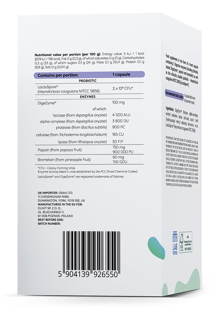 Osavi Enzymes Digestives + Probiotique – 120 Gélules Végétales | DigeZyme® + LactoSpore® | 7 enzymes digestives avec papaïne & bromélaïne | Ingrédients validés cliniquement | Clean Label