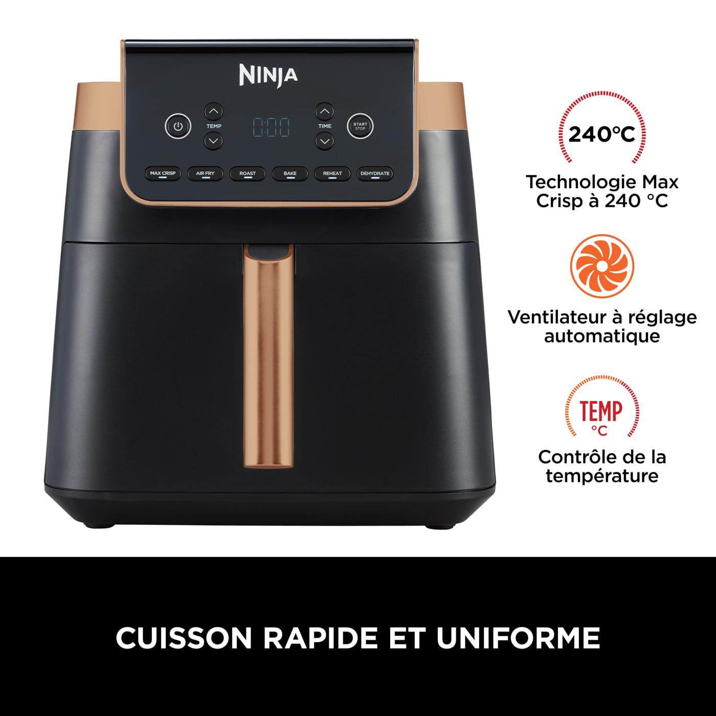 Ninja Air Fryer MAX PRO, 6,2 L, Grand tiroir, rôtir, cuire au four, frire sans huile, familial, antiadhésif, panier/plaque croustillante compatibles lave-vaisselle, pinces, noir/cuivre, AF180EUCP