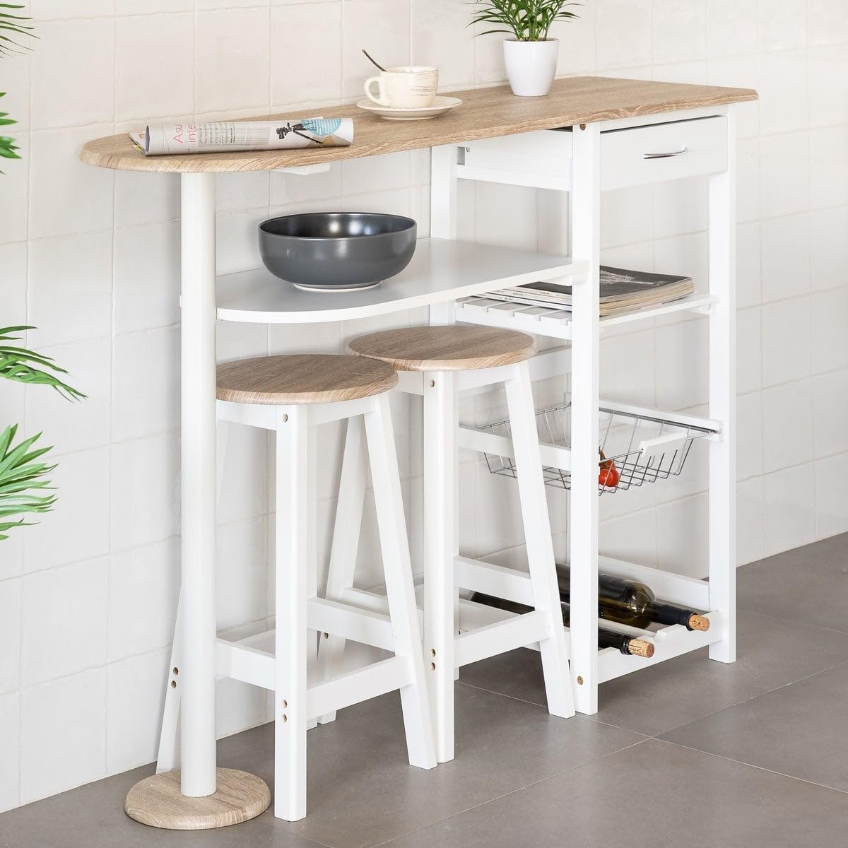 LOLAhome Conjunto de Mesa Barra y 2 taburetes con 1 cajón, 2 estantes, Cesta extraíble y botellero para Cocina de MDF Blanco y Natural