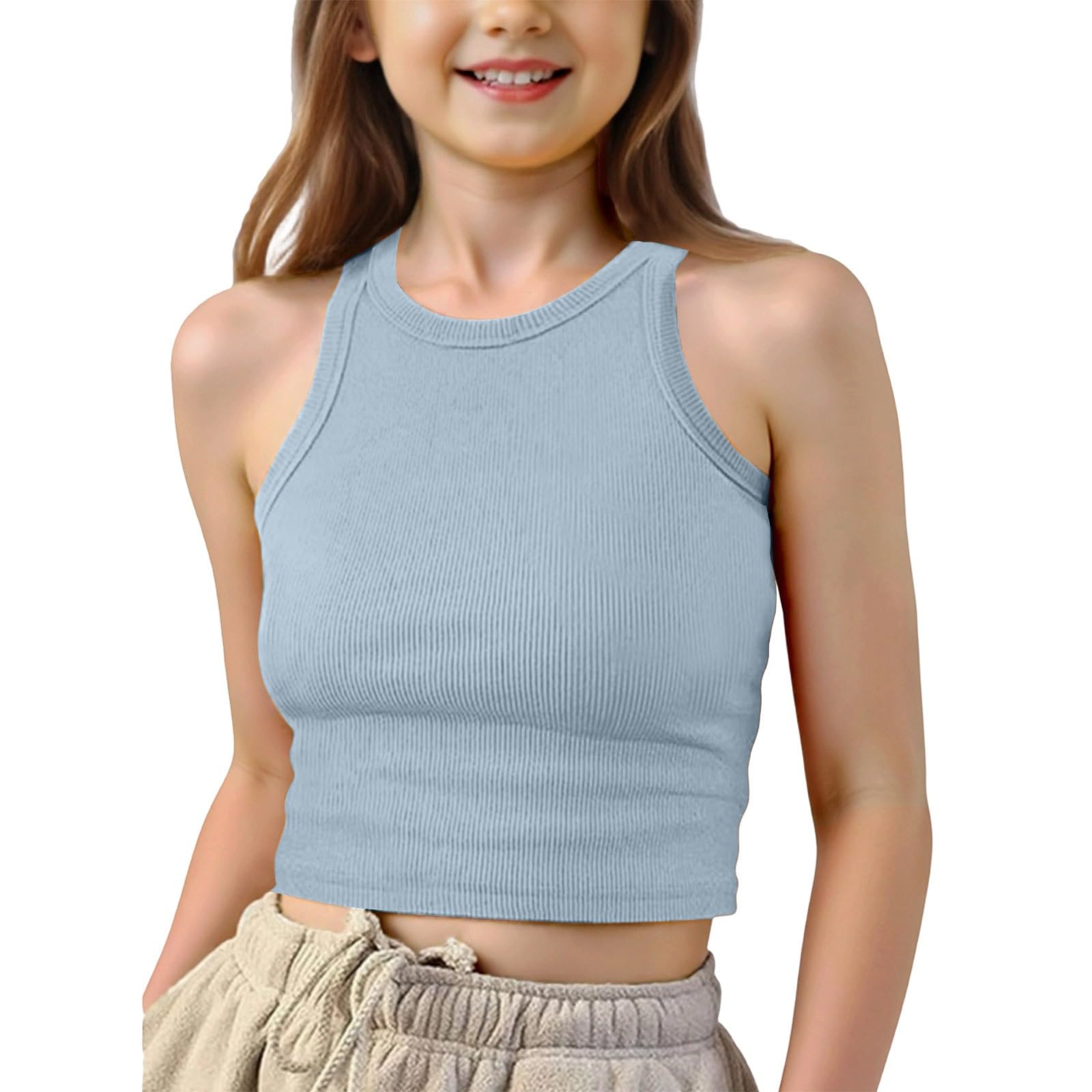 Canotte a coste per ragazze Canotte per bambini Gilet ritagliate Top Estate Girocollo Tinta unita T-shirt Senza maniche Balletto Ginnastica Abbigliamento da ballo