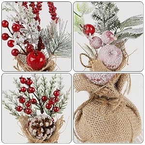 Winemana 6 pcs mini christmas tree table decorations 9 small artificial trees with red berries pine cone tabletop centerpiece for home office room holiday decorations  urban country home decor