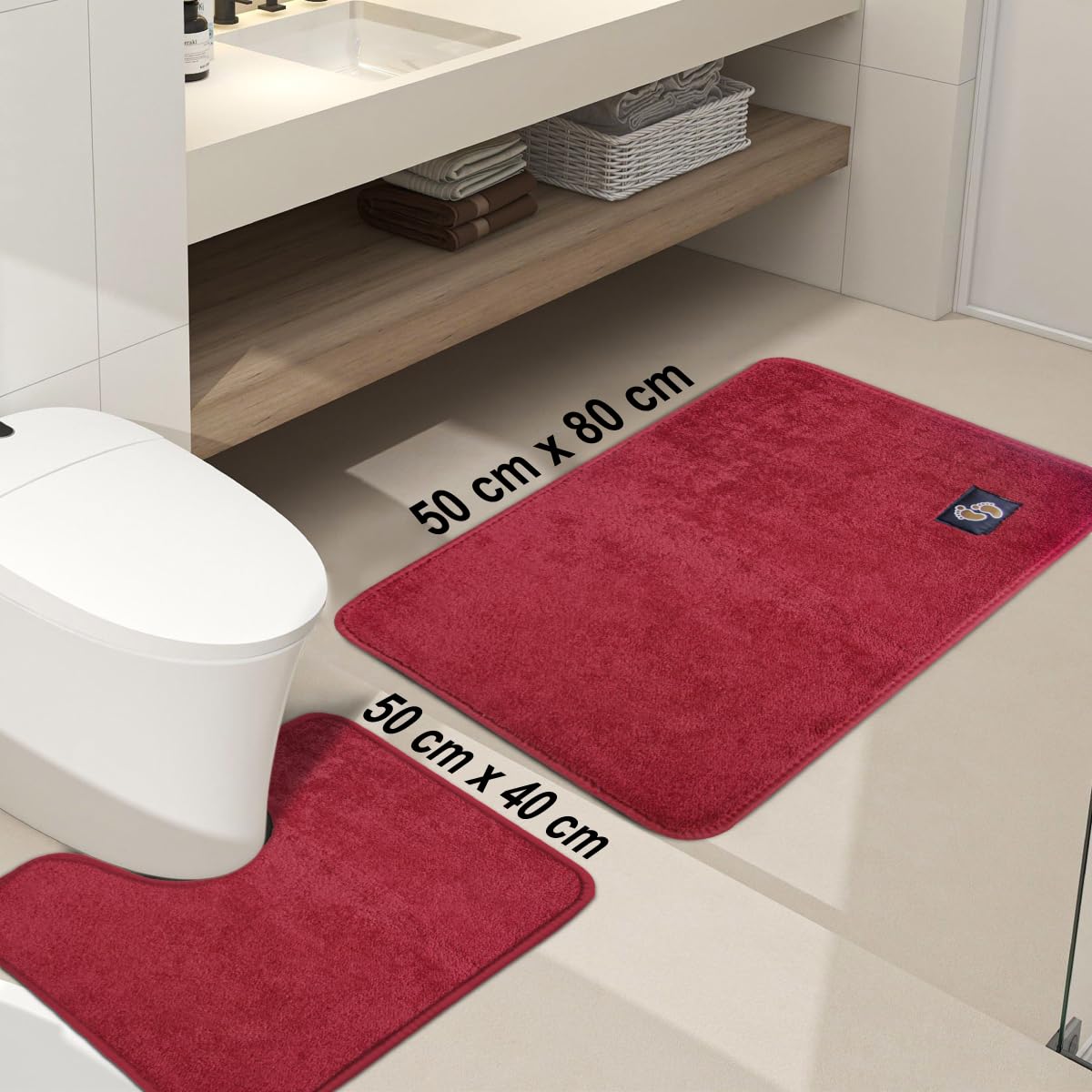 PHP Microfiber Non-Slip Bathroom Rug Set of 2 ((50 x 80 cm + 50 x 40), Super Absorbent and Soft Luxury Shower Shaggy Bath Mat, Burgundy